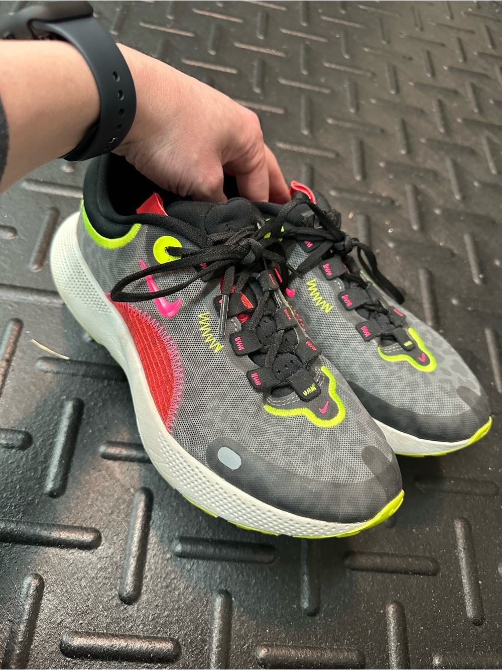 Nike Gray Sneakers with Neon Yellow and Hot Pink Accents—- React Escape